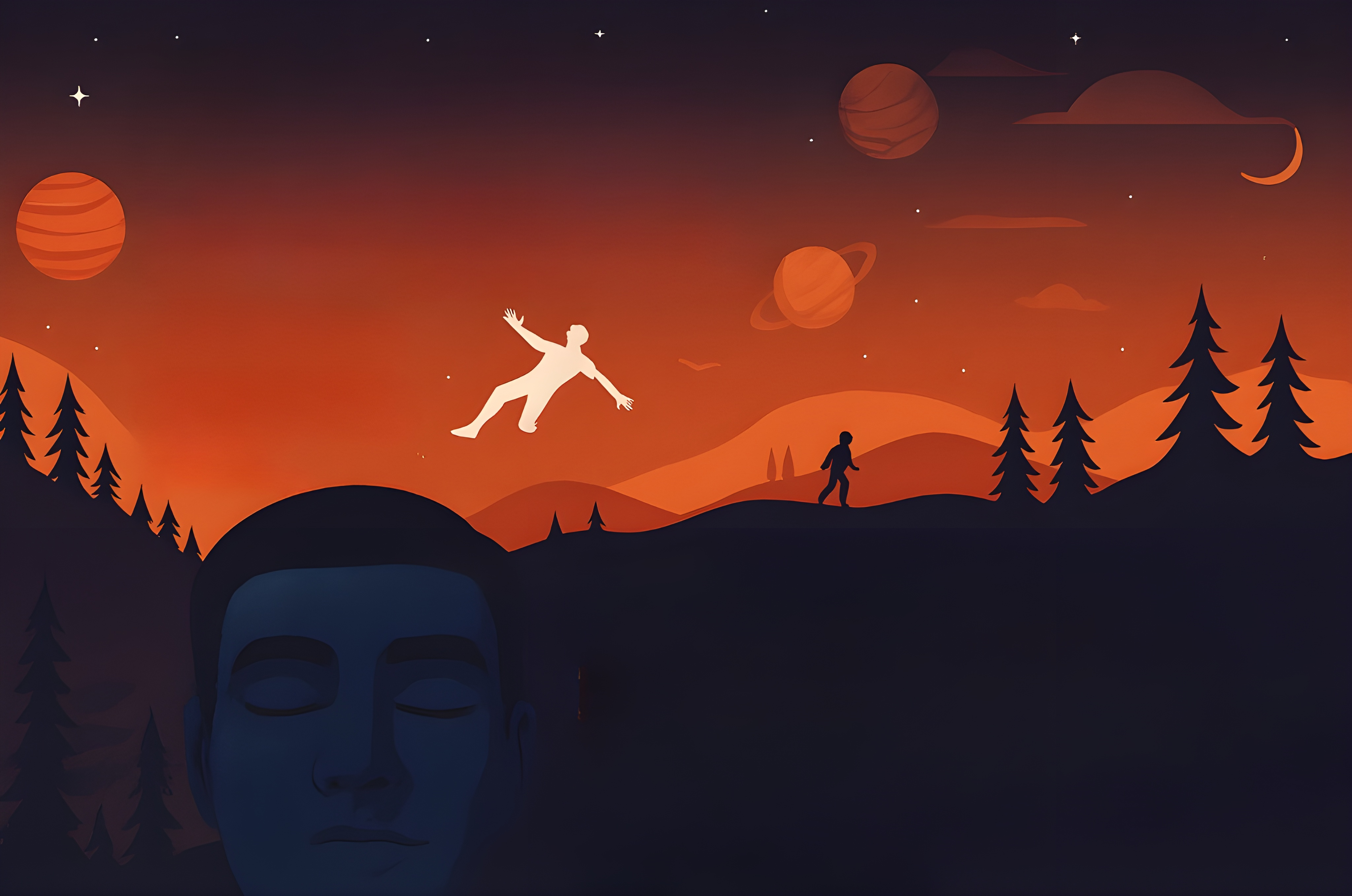 Traumlandschaft mit schwebender Figur und kosmischem Himmel